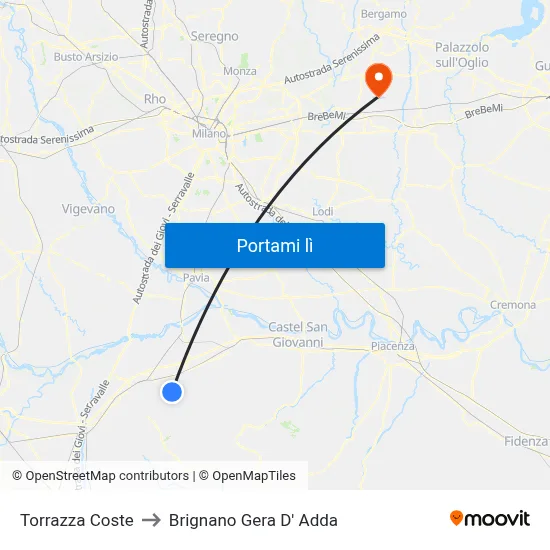 Torrazza Coste to Brignano Gera D' Adda map