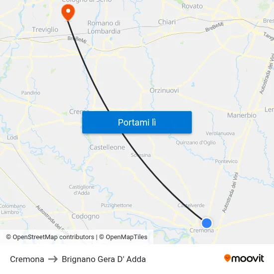 Cremona to Brignano Gera D' Adda map