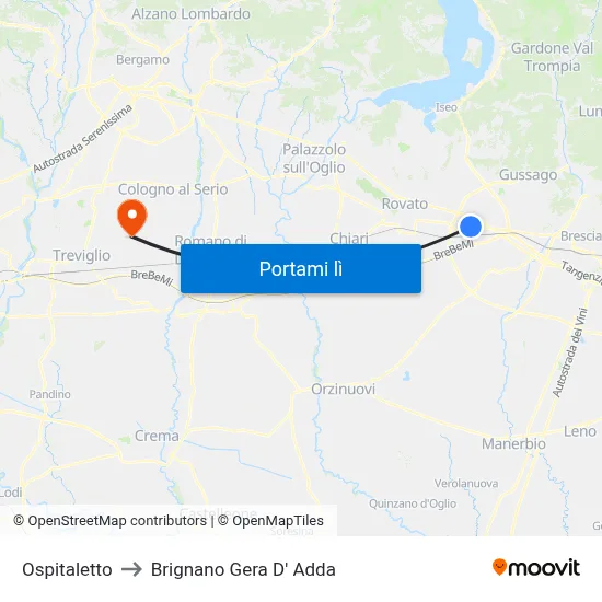 Ospitaletto to Brignano Gera D' Adda map