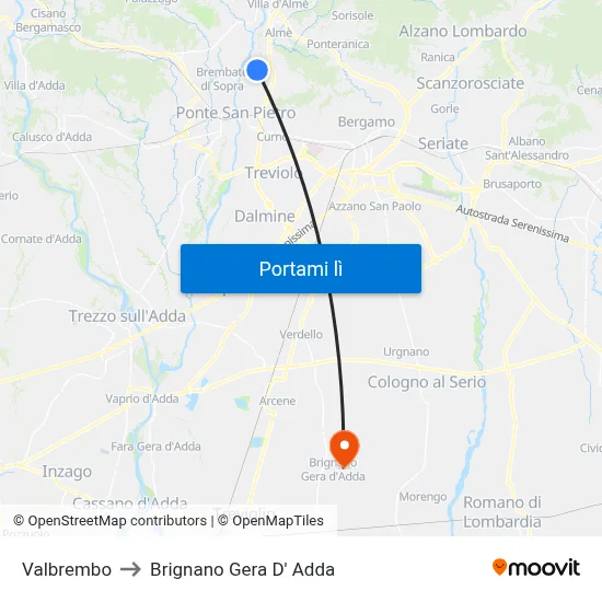 Valbrembo to Brignano Gera D' Adda map