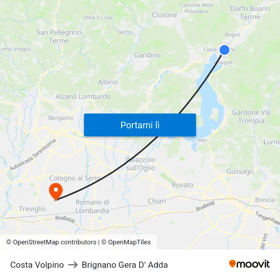 Costa Volpino to Brignano Gera D' Adda map