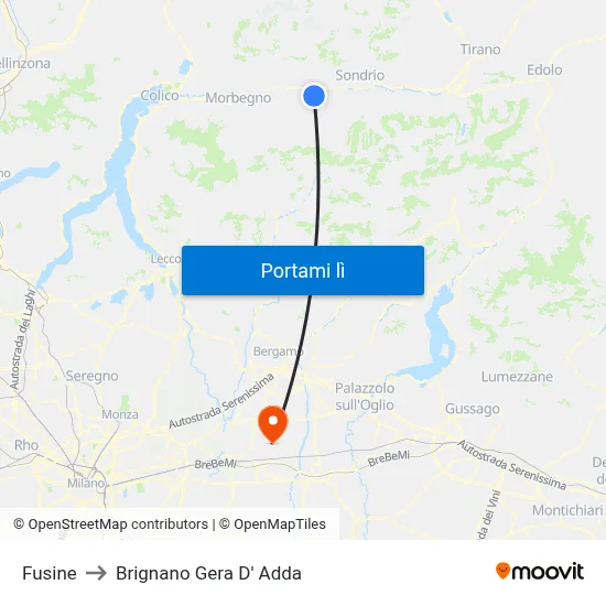 Fusine to Brignano Gera D' Adda map