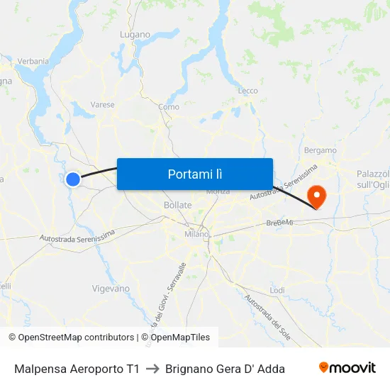 Malpensa Aeroporto T1 to Brignano Gera D' Adda map