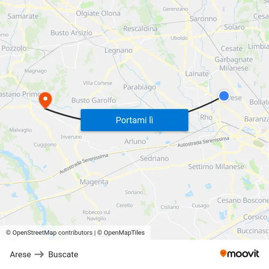 Arese to Buscate map