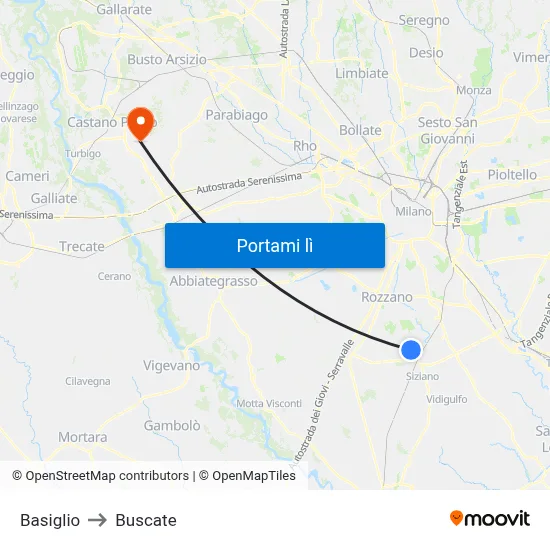 Basiglio to Buscate map