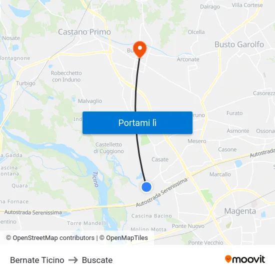 Bernate Ticino to Buscate map