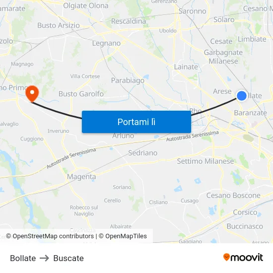 Bollate to Buscate map