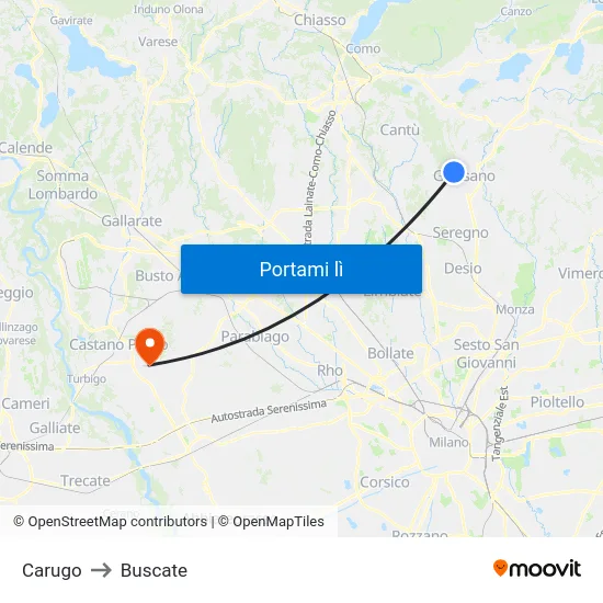 Carugo to Buscate map