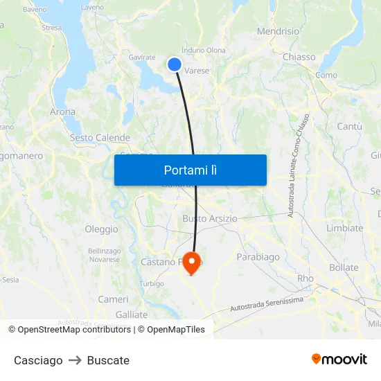 Casciago to Buscate map