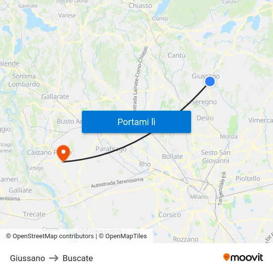 Giussano to Buscate map