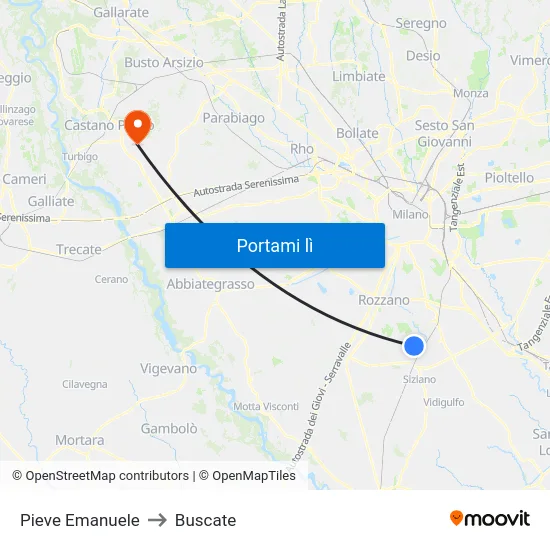 Pieve Emanuele to Buscate map