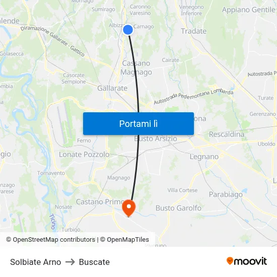 Solbiate Arno to Buscate map