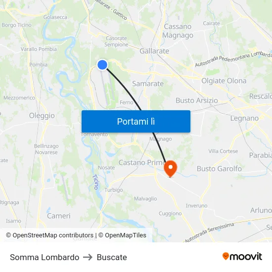 Somma Lombardo to Buscate map