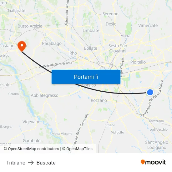 Tribiano to Buscate map