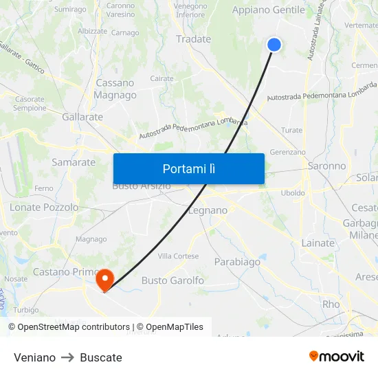 Veniano to Buscate map