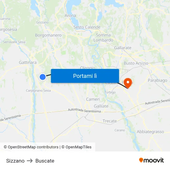 Sizzano to Buscate map