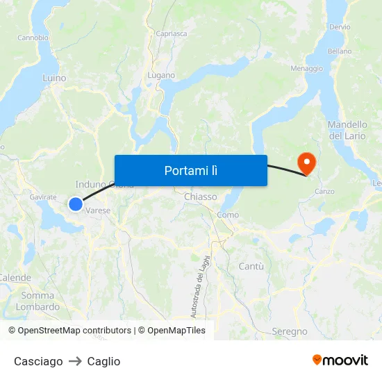 Casciago to Caglio map