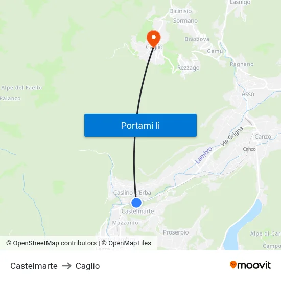 Castelmarte to Caglio map