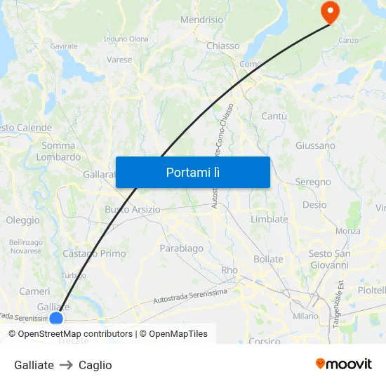 Galliate to Caglio map