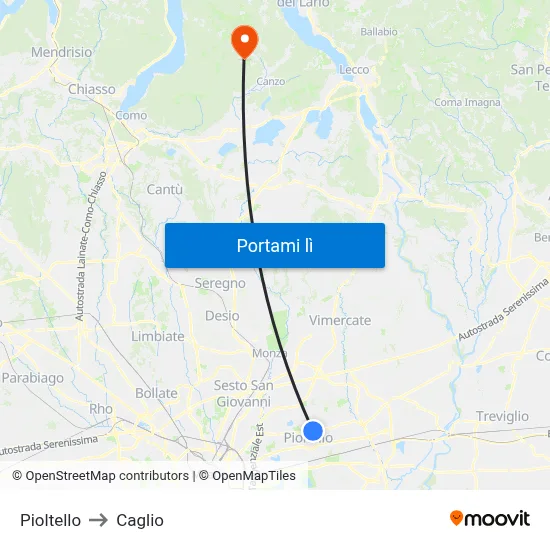 Pioltello to Caglio map