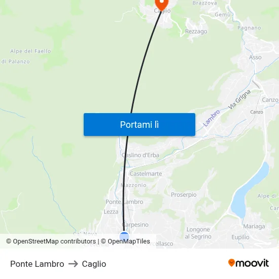 Ponte Lambro to Caglio map