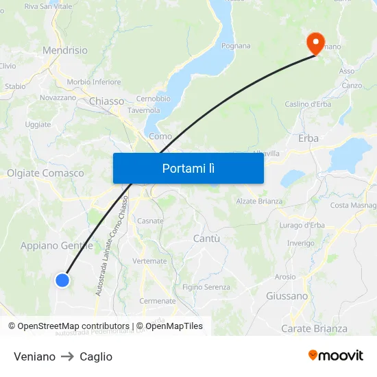 Veniano to Caglio map