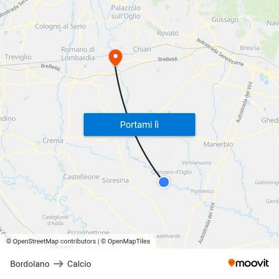 Bordolano to Calcio map