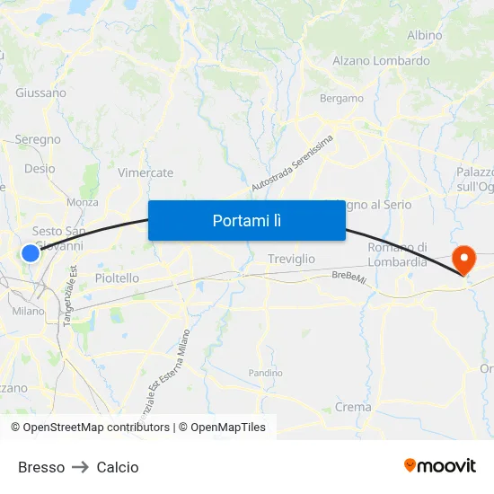 Bresso to Calcio map