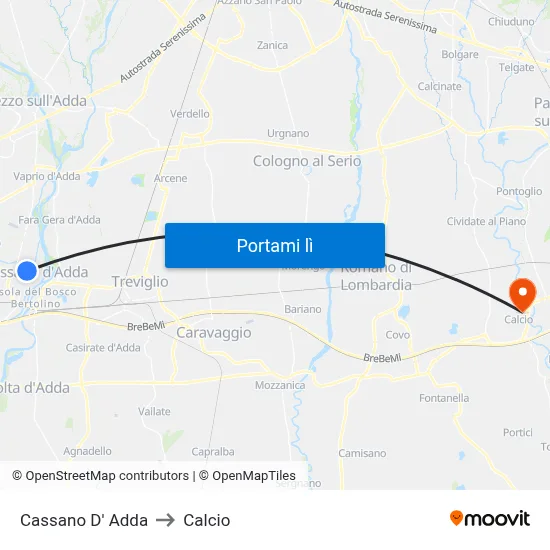 Cassano D' Adda to Calcio map