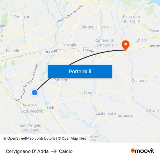 Cervignano D' Adda to Calcio map