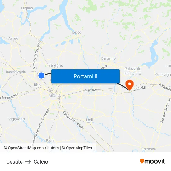 Cesate to Calcio map