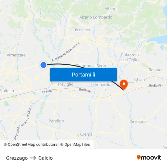 Grezzago to Calcio map