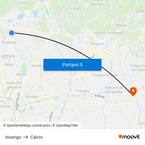 Inverigo to Calcio map