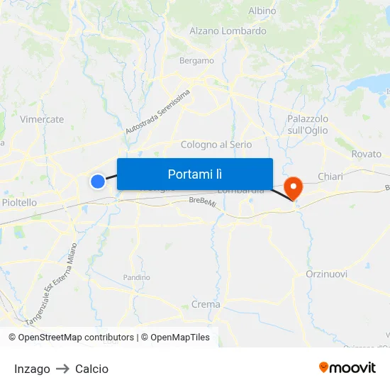 Inzago to Calcio map