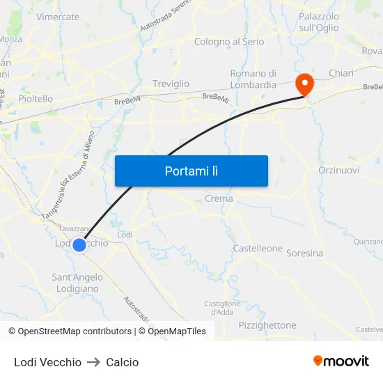 Lodi Vecchio to Calcio map