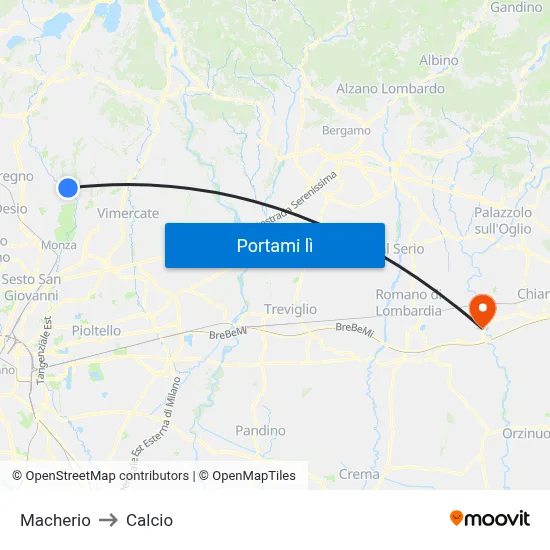 Macherio to Calcio map