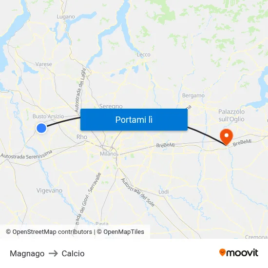 Magnago to Calcio map