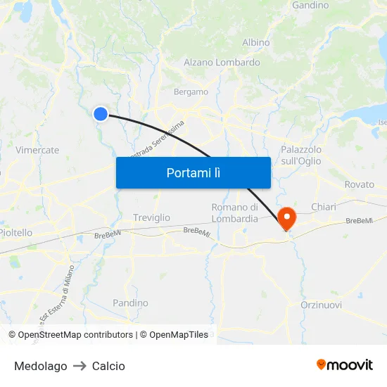 Medolago to Calcio map