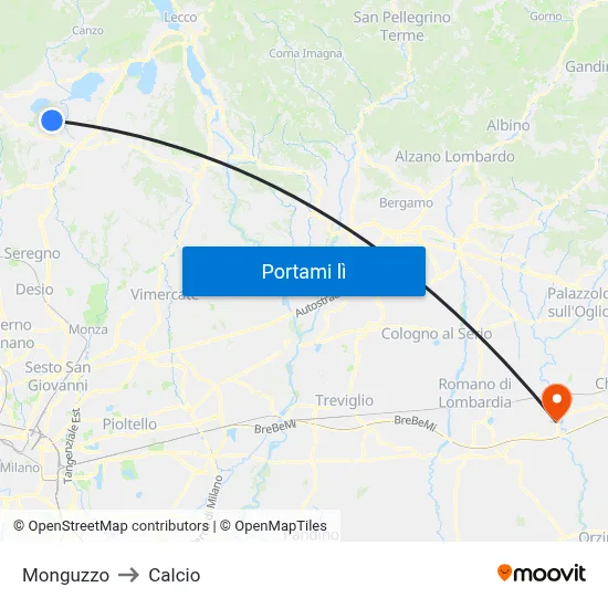 Monguzzo to Calcio map