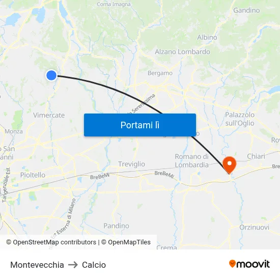 Montevecchia to Calcio map