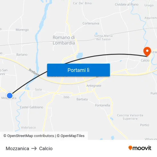 Mozzanica to Calcio map