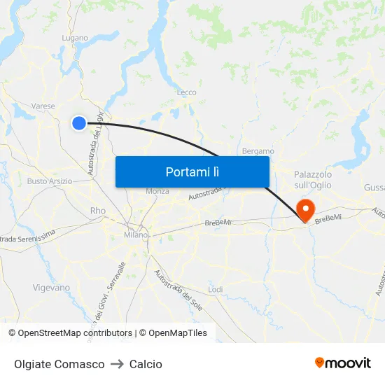 Olgiate Comasco to Calcio map