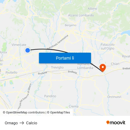 Ornago to Calcio map