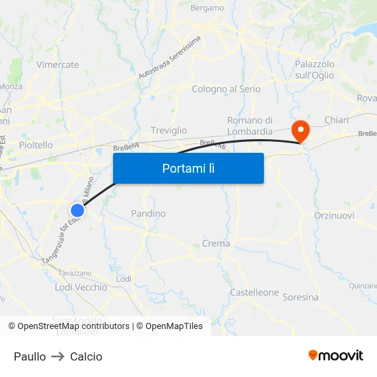 Paullo to Calcio map