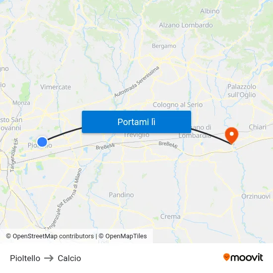 Pioltello to Calcio map