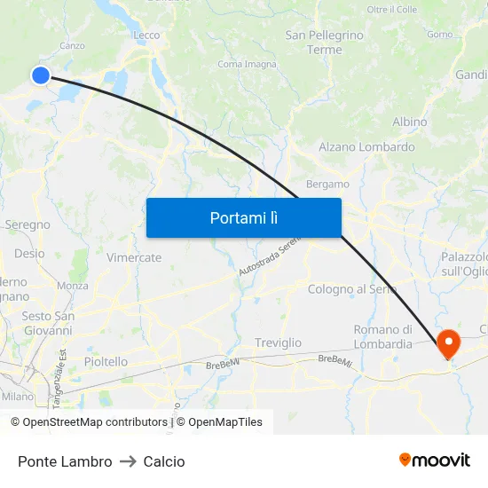 Ponte Lambro to Calcio map