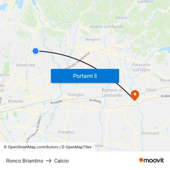 Ronco Briantino to Calcio map