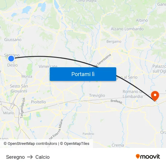 Seregno to Calcio map