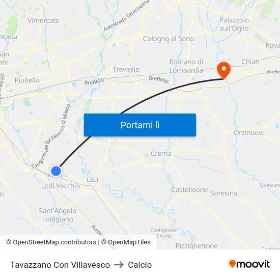 Tavazzano Con Villavesco to Calcio map