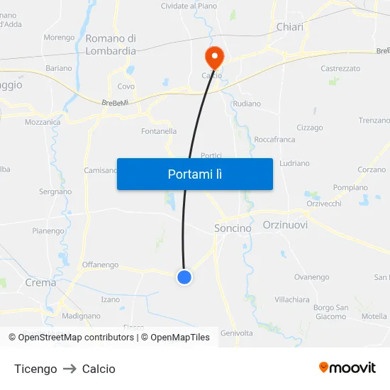 Ticengo to Calcio map